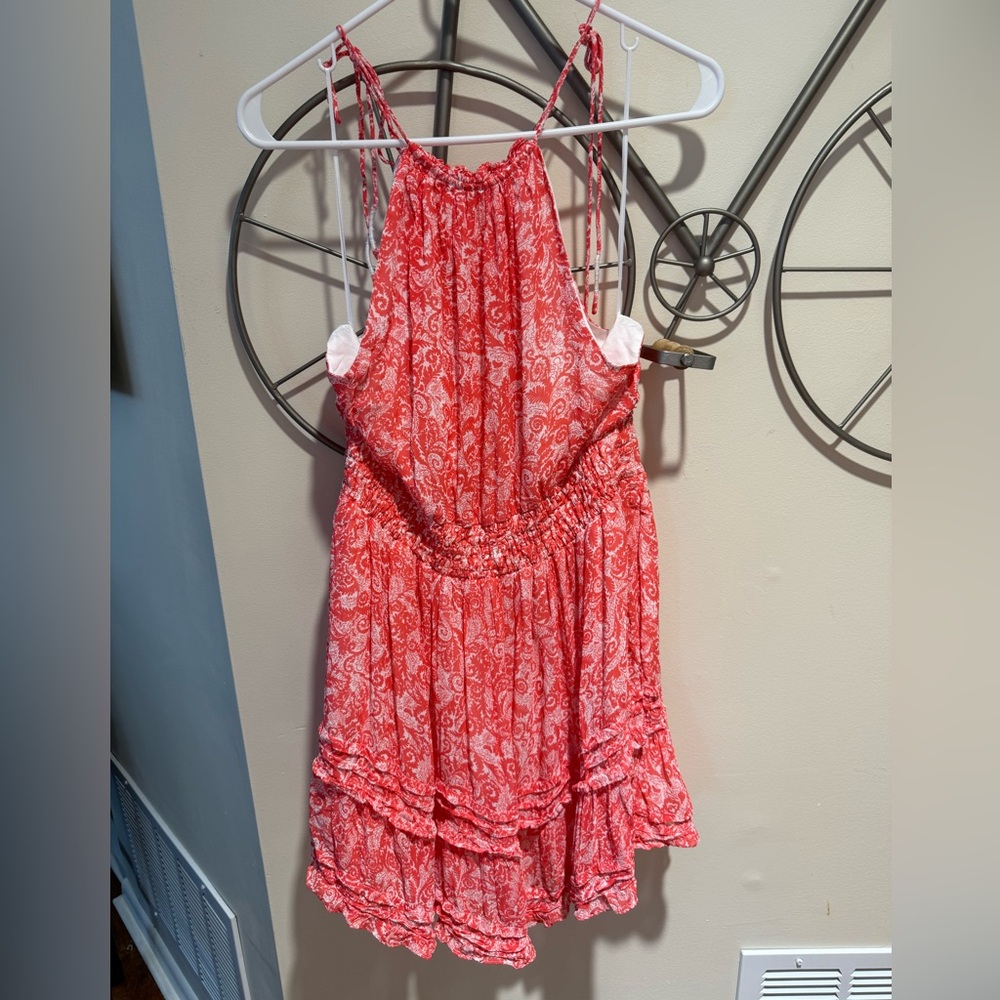 Anthropologie Pink, Salmon White Ruffle Dress, Size L, Pockets
